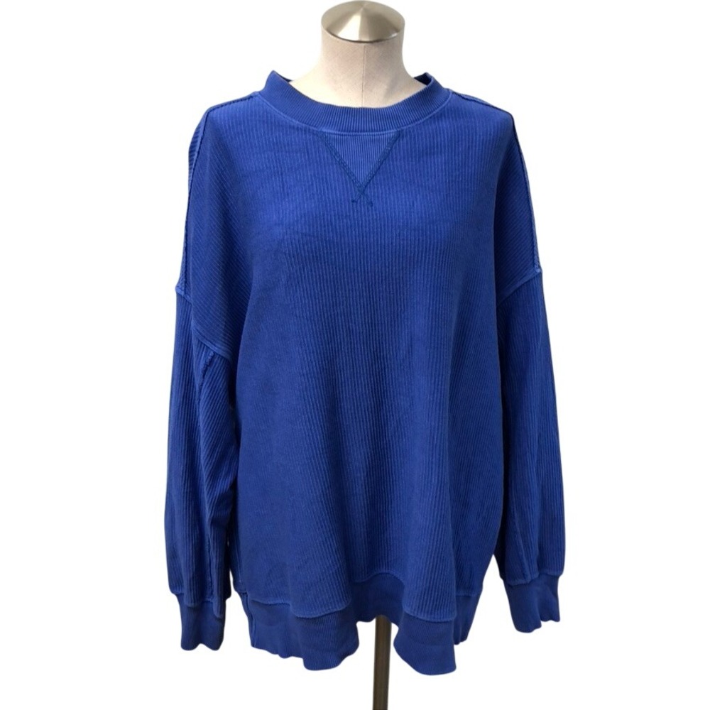 Aerie Ribbed Pullover Women Medium‎ Blue Oversized Long Sleeve Cotton Crew Neck